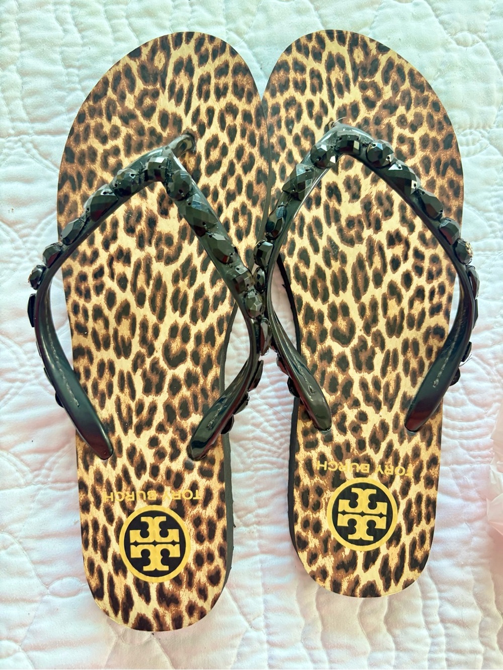 Tory Burch Women's Jeweled Wedge Flip-Flops In A Leopard Print Pattern Size 9